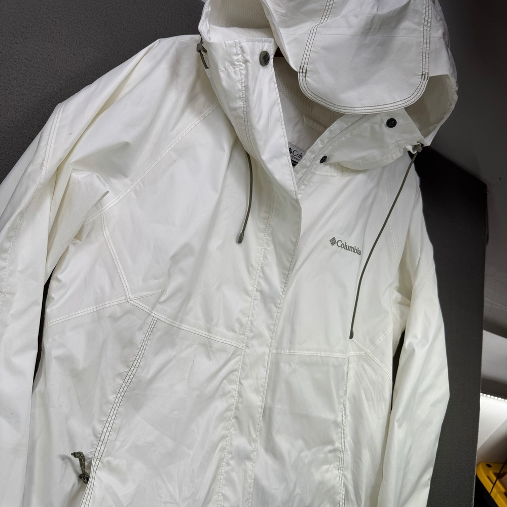 Columbia Jacket Women L White Omni-Tech Waterproof Rain Hooded Parka Shell - Picture 12 of 12